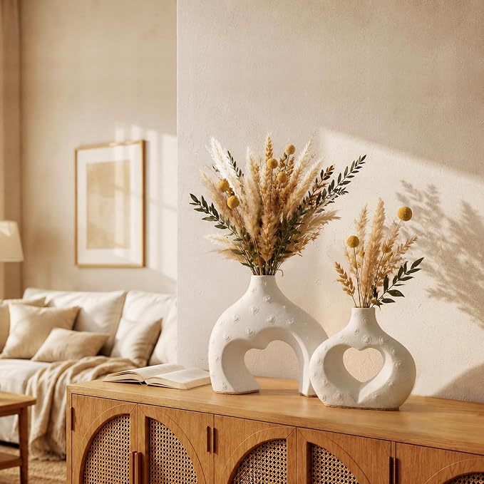 Ceramic Heart Flower Vase Home Decor Set of 2, Farmhouse Table Vases Rustic Vintage Living Room Kitchen Bedroom Decorations for House Book Shelf Office Coffee Desk Dining Fireplace