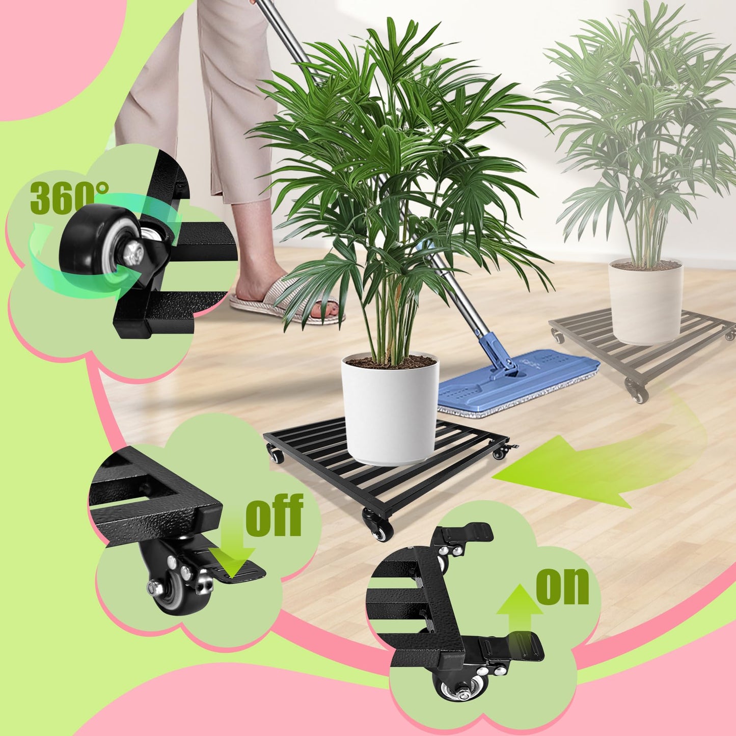 Fsehyue Plant Caddy with Wheels 20'' 2 Pack Metal Rolling Plants Stand Plant Dolly with Lockable Casters Aluminium Heavy Duty Pot Mover Rollers Indoor Outdoor Planter Trolley Holds up 400 Lbs Planter