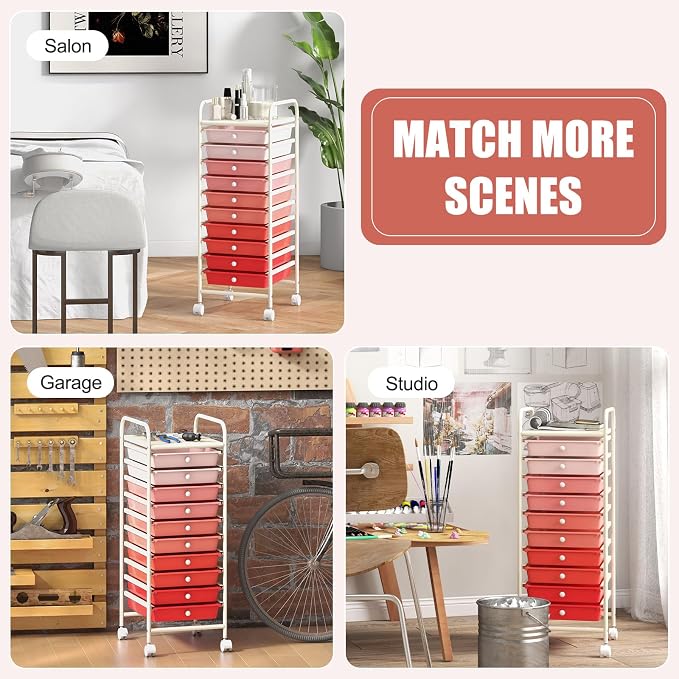 MEDIMALL 10 Drawers Rolling Storage Cart, Multipurpose Craft Storage Cart with Wheels, Mobile Tools Scrapbook Paper Organizer Cart for Office School Home Use