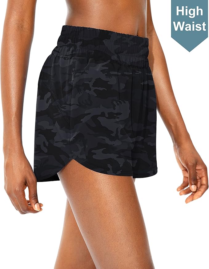 SANTINY Women's Running Shorts with Zip Pockets High Waisted Athletic Workout Gym Shorts for Women with Liner