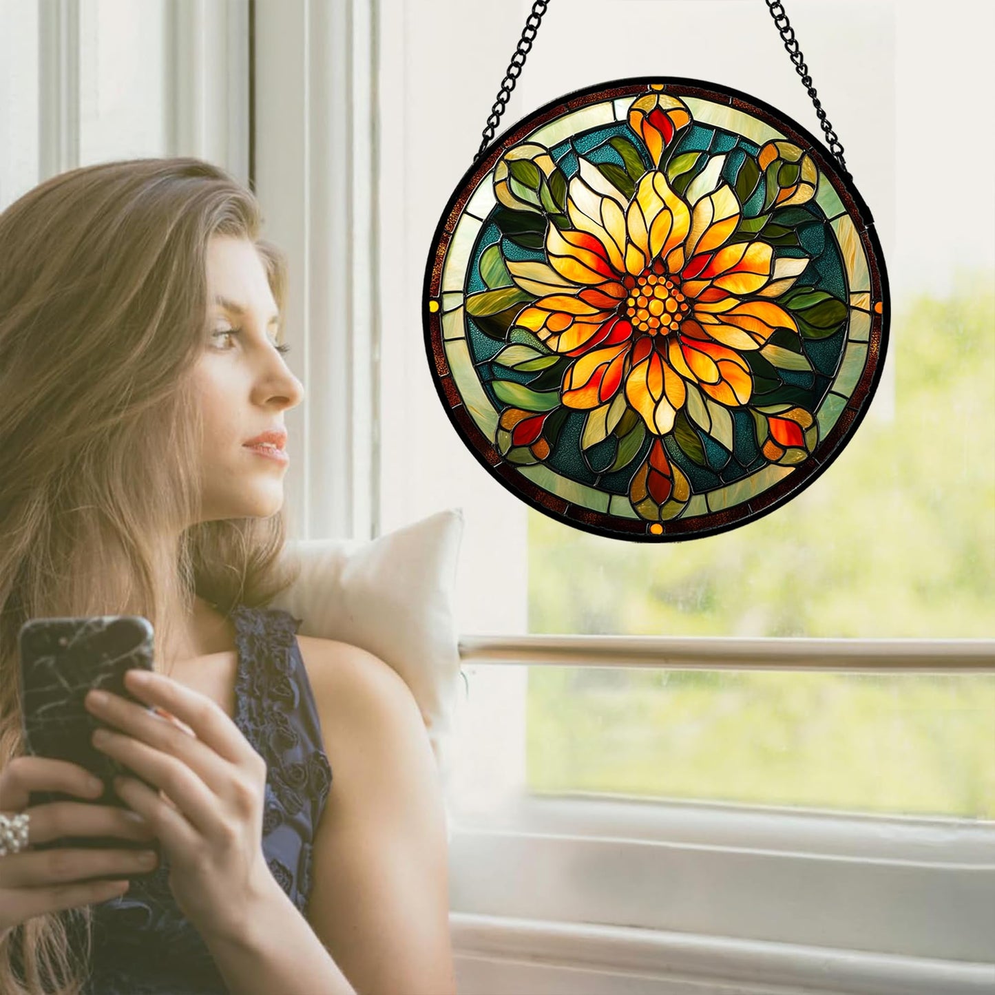 JOSUMALY Stained Glass Window Hanging - Retro Yellow Flower Suncatcher for Door Garden Home Decor Dahlia Sun Catcher Christmas Birthday for Lovers Friend Women Mom Nana 6.3 in