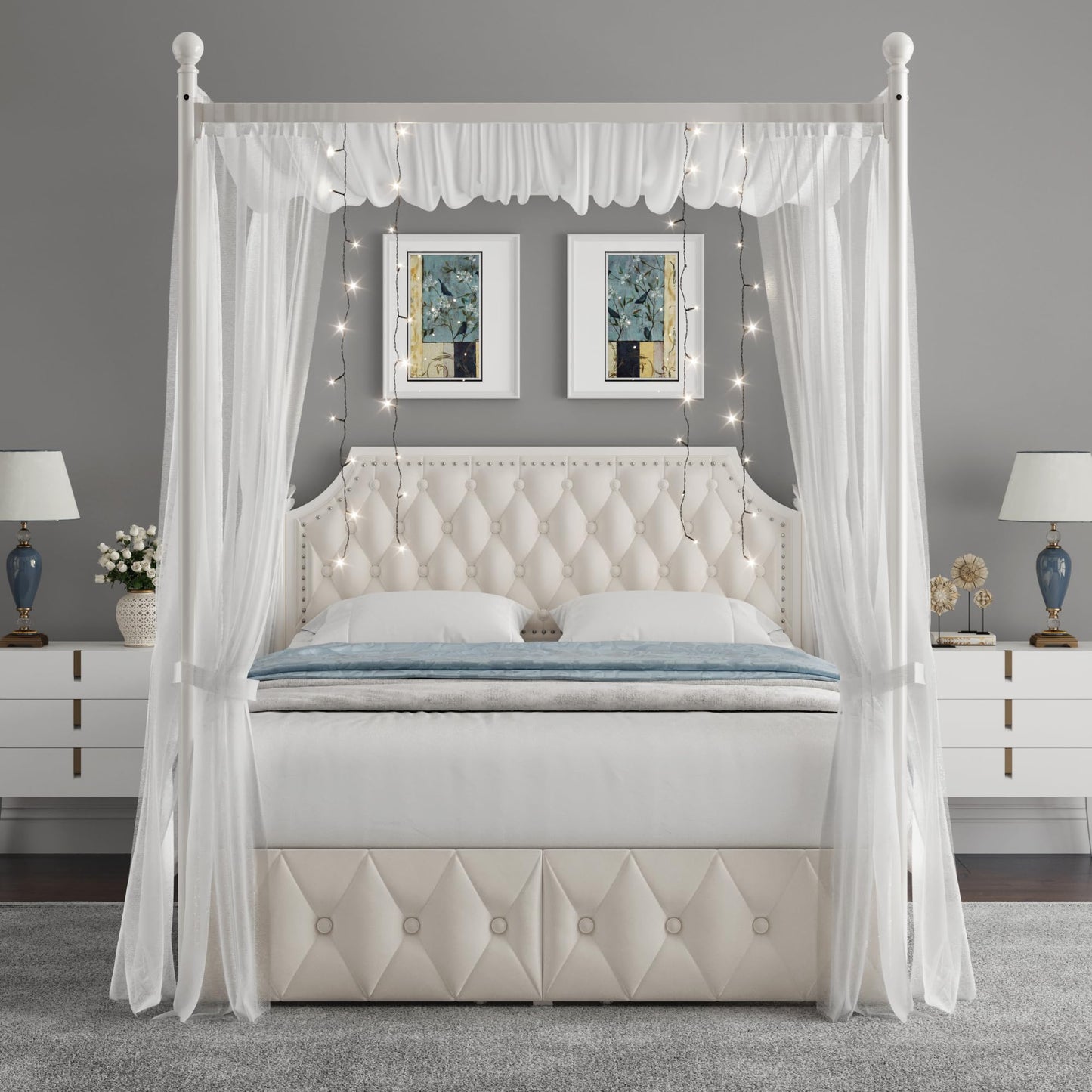 Keyluv Queen Upholstered Canopy Bed Frame with 2 Storage Drawers & Button Tufted Headboard, Metal Platform Bed with 4 Removable Posts, Two-Purpose Velvet Bed, Beige/Curtain Not Included