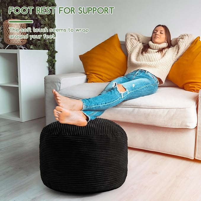 HIGOGOGO Round Stuffed Pouf Ottoman, Corduroy Poufs with Foam Chunk Filling, Furry and Fluffy Pouf Foot Stool Storage Ottoman, 26 X 18 Floor Poufs Foot Rest for Living Room, Black
