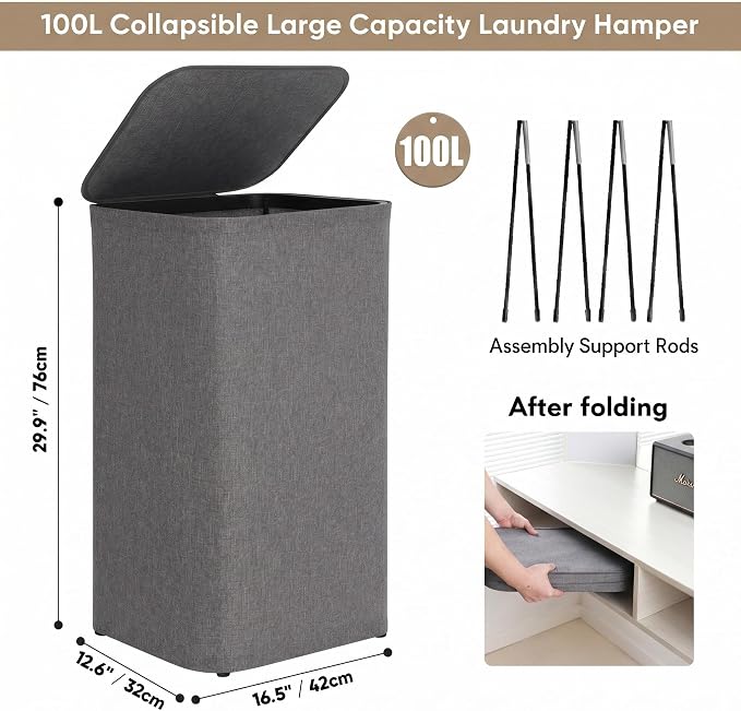 DOKEHOM 100L Laundry Hamper with Lid, Large Collapsible Laundry Basket with Removable Mesh Liner Bag, Collapsible Clothes Sorter for Bedroom, Bathroom, College Dorm, Dark Grey