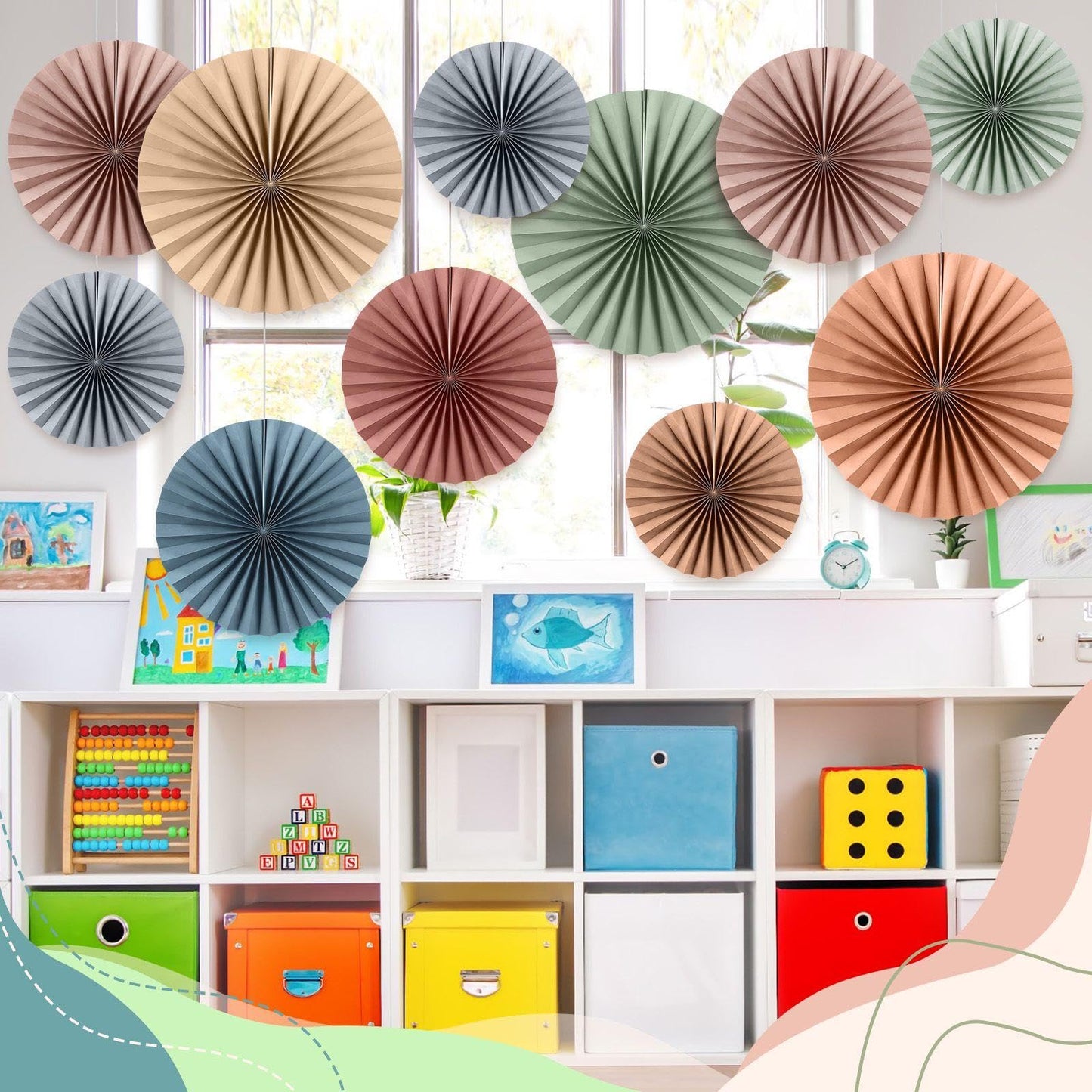 Weekgrat 18 Pcs Sage Green Brown Boho Hanging Paper Fans Decor Back to School Paper Fans Round Garlands Bulletin Board Classroom Decorations for Party Supplies Classroom Decor