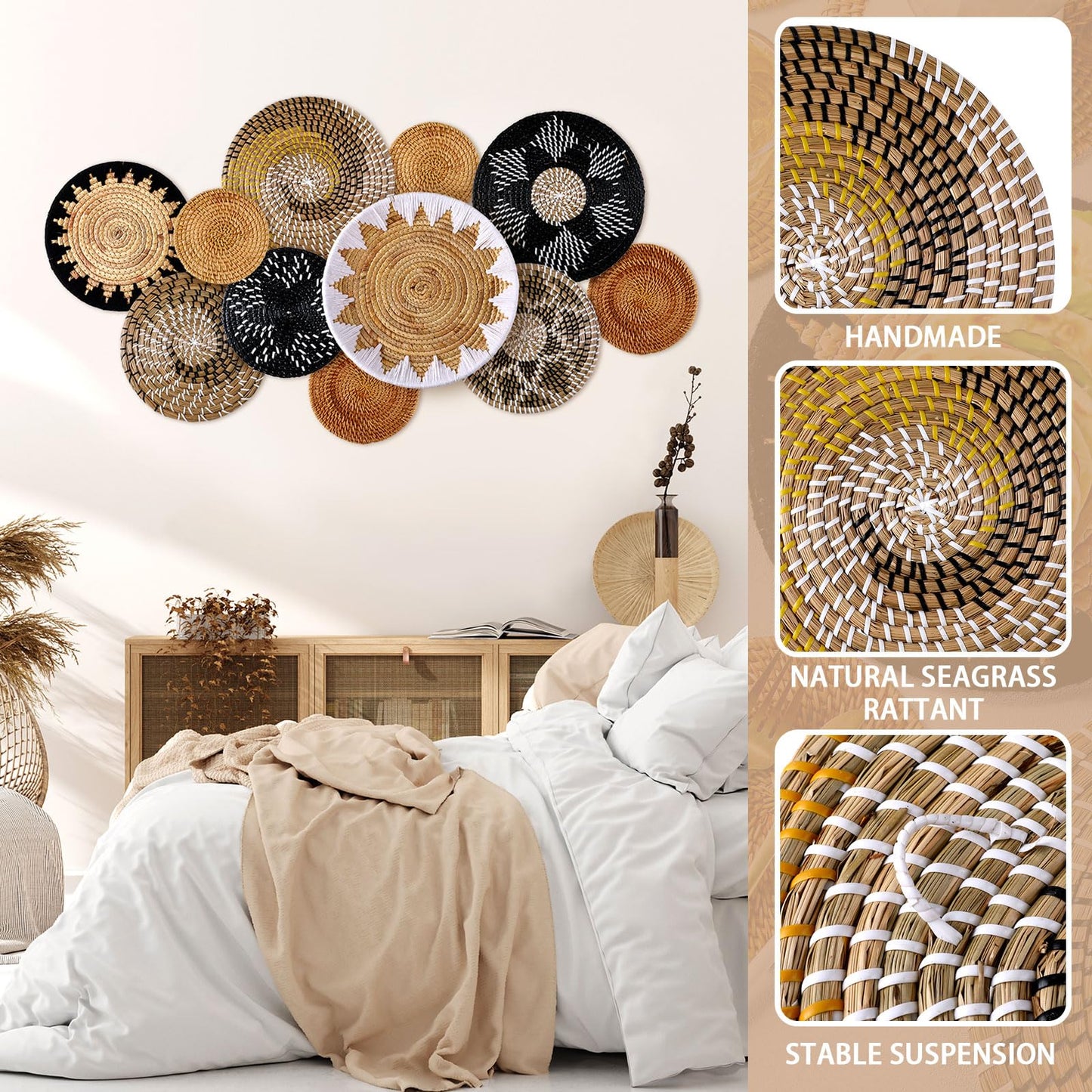 11 Pcs Boho Hanging Wall Basket Decor Handmade Woven Basket Wall Decorative Boho Wicker Baskets Placemats Round Farmhouse Bulrush Art for Rustic Home Decorations Christmas Gift(Stylish)
