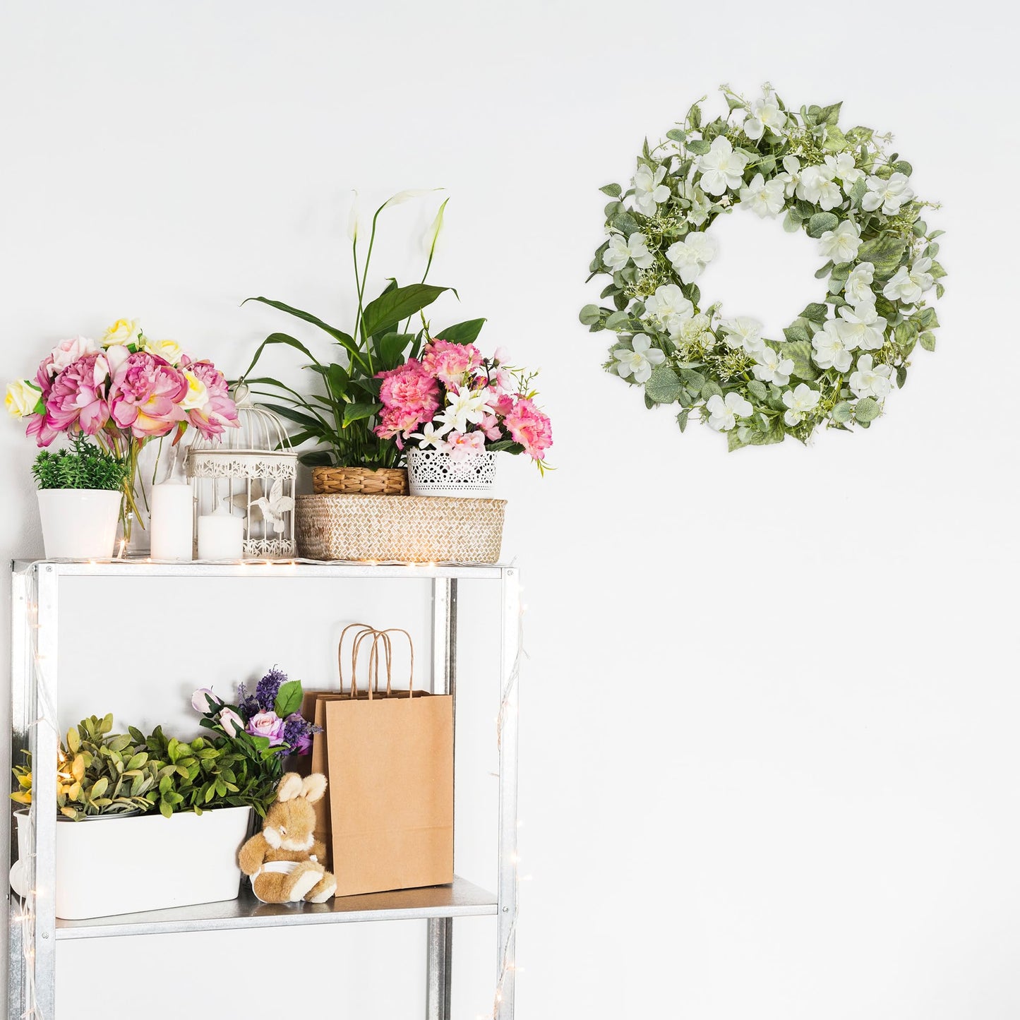 YNYLCHMX 18" Spring Summer Wreaths for Front Door, Artificial Floral Wreath with White Rose Flowers Green Eucalyptus Leaves, Green Foliage Wreath for Wall Window Farmhouse Party Holiday Home Decor