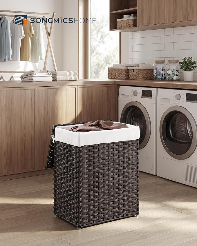 SONGMICS HOME Laundry Hamper with Lid, Clothes Basket with Removable Liner and Handles, 23.8 Gallon, Foldable Narrow Laundry Organizer for Bathroom, Bedroom, Dark Brown