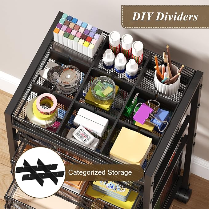 Rolling File Cart with 4 Storage Drawers, Under Desk Organizer with DIY Divider, Moblie Filing Cabinet on Wheels, Fits A4/Letter Size, Metal Utility Cart for Home Office, Black