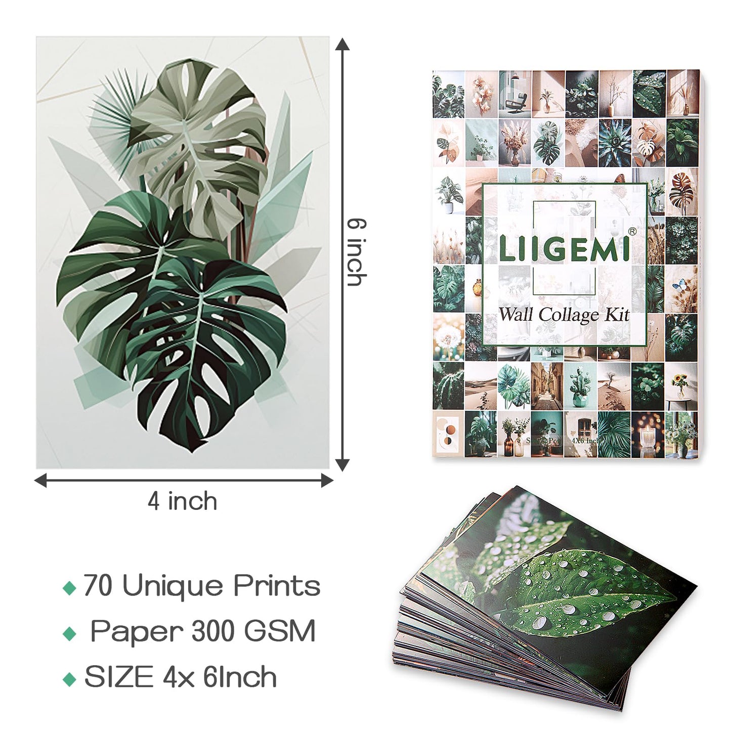 LIIGEMI 70PCS Botanical Wall Collage Kit Aesthetic Pictures, Photo collage kit, Bedroom Decor for Teen Girls, VSCO Girls Bedroom Decor, Aesthetic Posters，70 Set 4x6 Inch (Green)