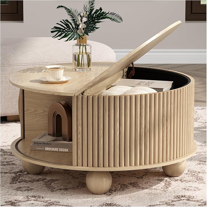 JOINICE Round Coffee Table with Storage, 31.5" Natural Oak Fluted Drum Center Table, Scandi Japandi Wood Circle Table with Sliding Door & Bun Feet for Living Room