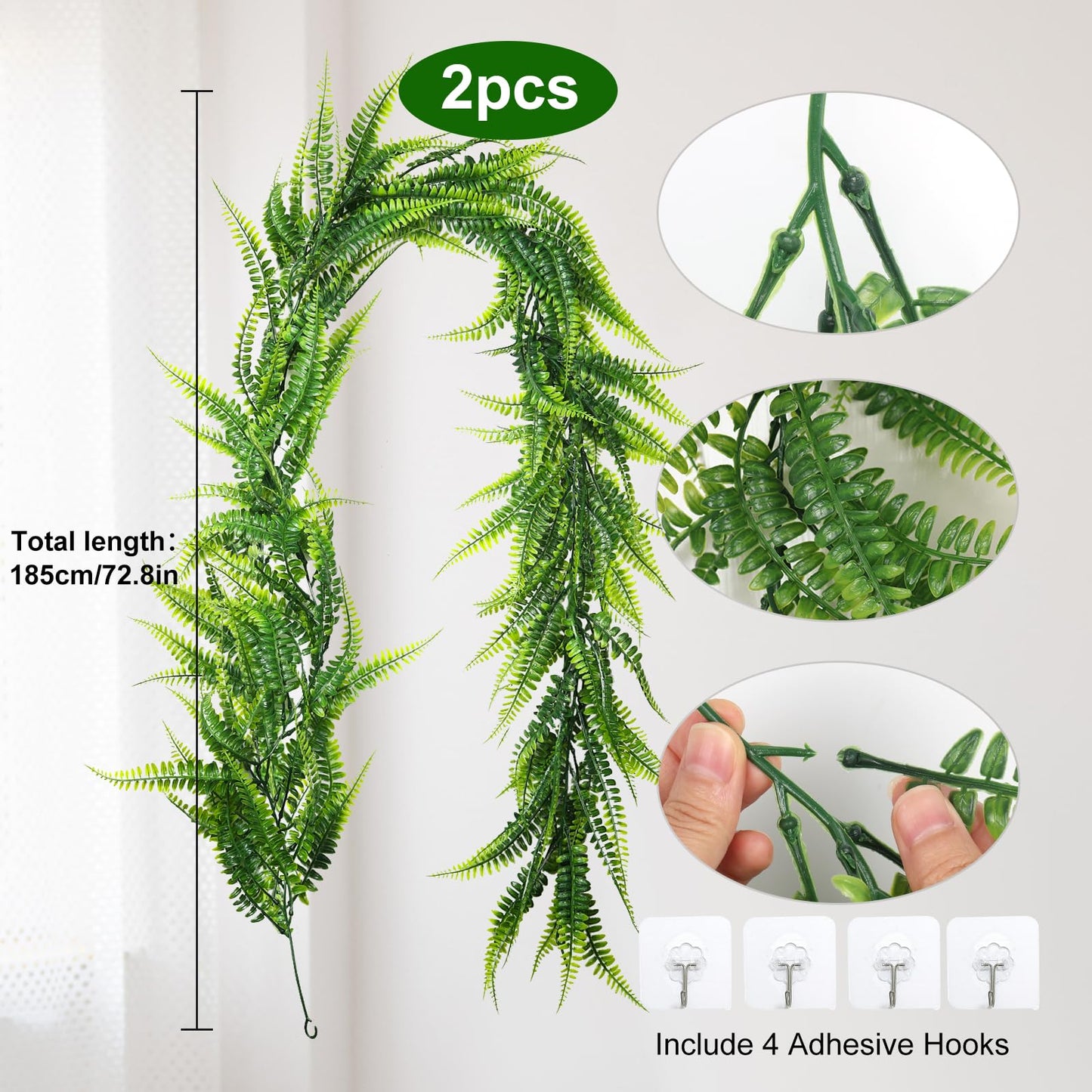 RECUTMS 2pcs Artificial Hanging Boston Ferns Garland Fake Hanging Plant 6 FT Greenery Leaves Ivy Garland Faux Ferns Fake Vines for Spring Outdoor Indoor Home Garden Party Wall Easter Decor
