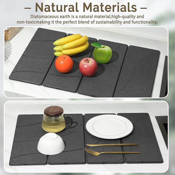 Large Stone Dish Drying Mat for Kitchen Counter, 2 PCS Quick Dry Stone Mats, Foldable Water Absorbing Diatomaceous Earth Drying Dishes Pad for Countertop Bottle Utensil Cup(Carved Gray 24"x16"&8"x4")