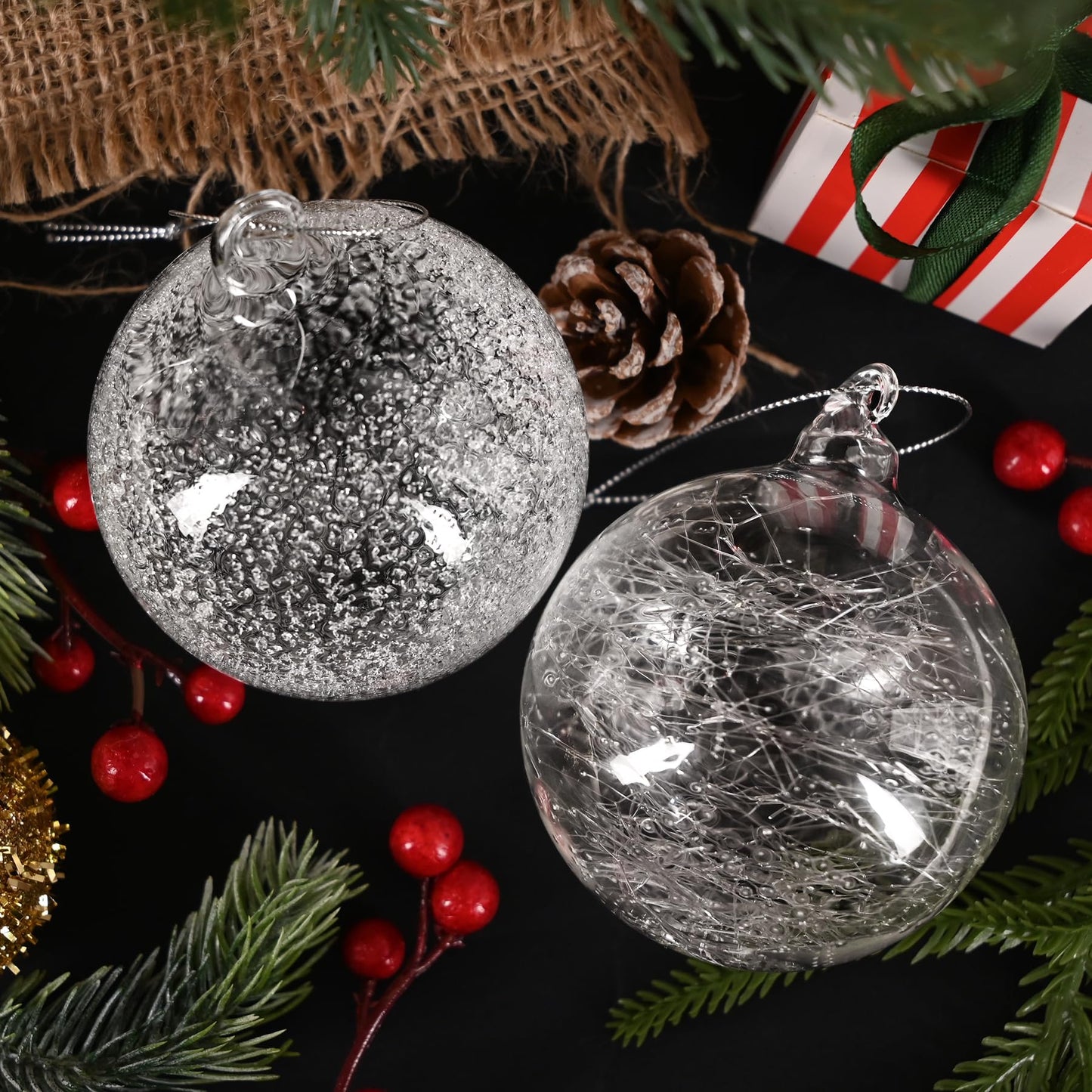 2 Pcs Glass Christmas Ball Ornaments Bulk 4 Inch Christmas Tree Ornaments Large Clear Glass Snowflake Dots Hanging Ball Decorations for Trees Xmas Party Home Decor