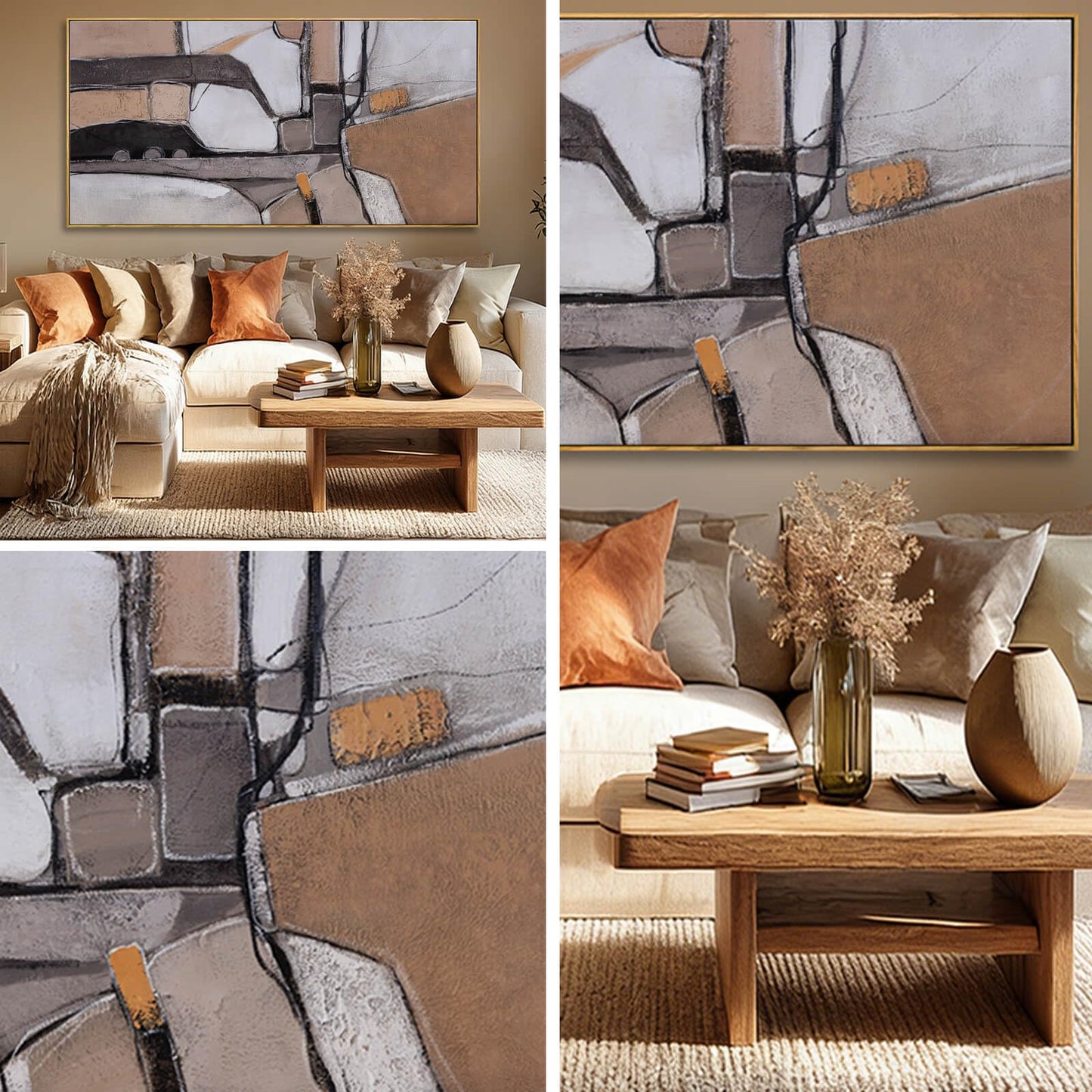 Brown Modern Neutral Abstract Canvas Wall Art 29x58 Inch, Large Framed Artwork with Wooden Frame, Contemporary Beige and Taupe Wall Decor for Living Room, Office, or Hallway