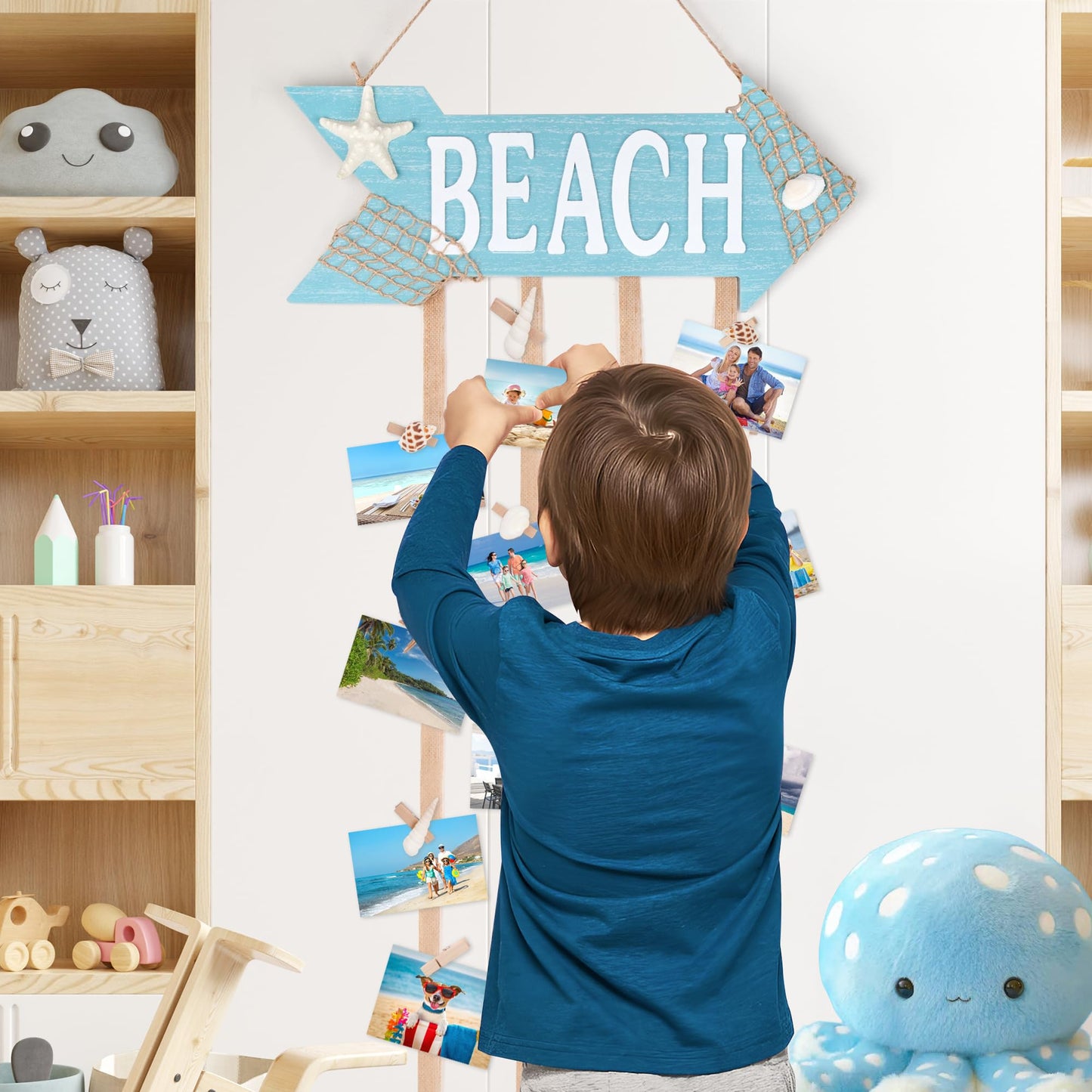 WeDoSoy Coastal Style Hanging Photo Display Holder with 30 Clips (10 Shell Clips), Wooden Frames Wall Picture Organizer for Beach Decor, Collage Display, Postcards, Holiday Cards & Home Decoration