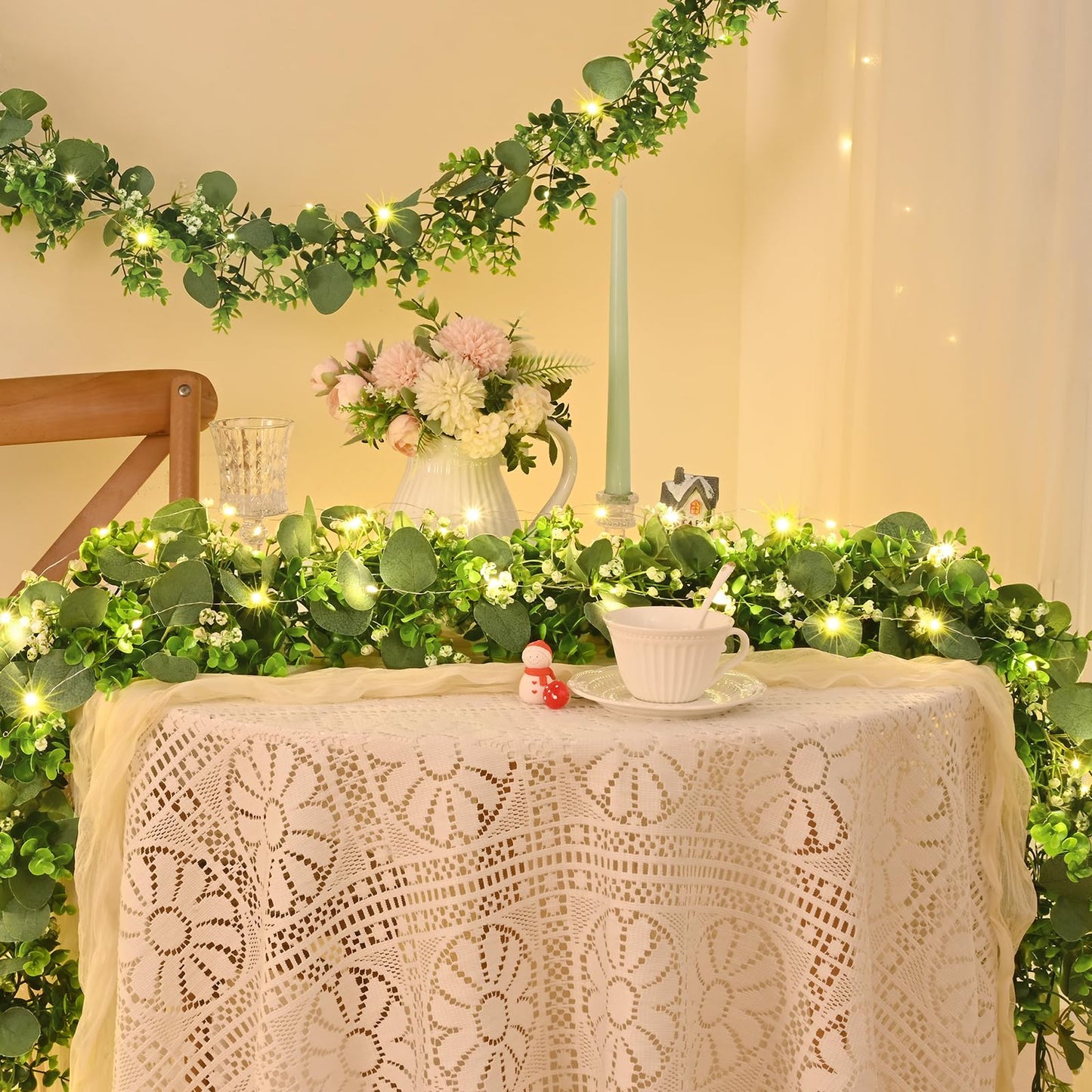 2Pcs Eucalyptus Garland with Lights, Greenery Garland, Green Garland with Flowers, 5.9FT Artificial Faux Eucalyptus Leaves Vines for Table Mantle Home Wedding Party Indoor Outdoor Decor