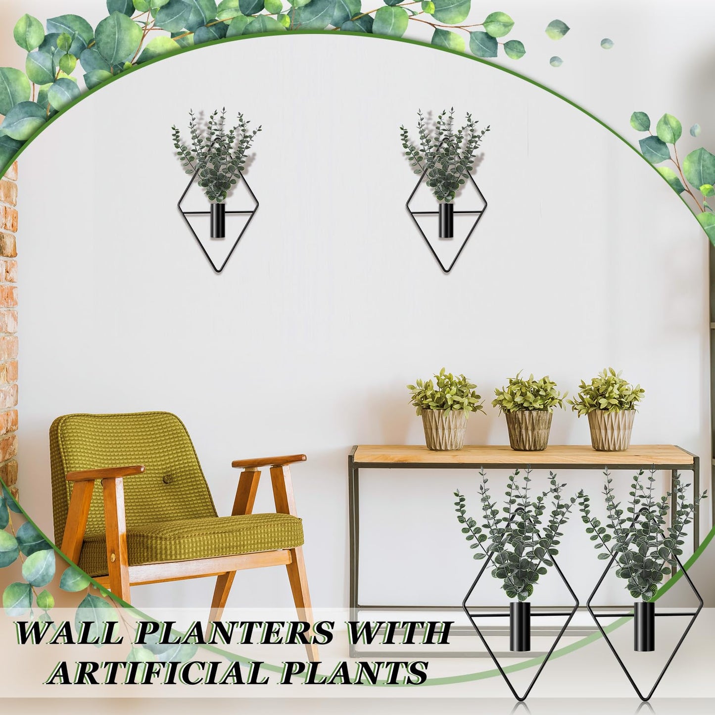Jexine 4 Pcs Hanging Planters with Artificial Eucalyptus Metal Hanging Vase Indoor Plants Holder Modern Geometric Boho Bathroom Wall Decor for Living Room Home Office(Black)