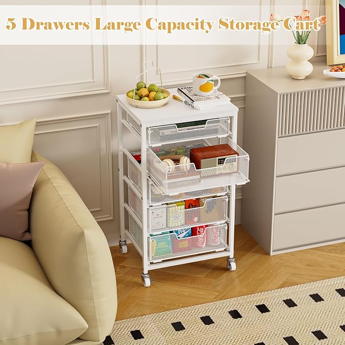 Sbanmao Utility Cart with 5 Drawers, Rolling Storage Cart with Wooden Tabletop and Lockable Wheels, Storage Drawer Cart with Drawers, Craft Cart for Bedroom, Classroom, Home, Office, White