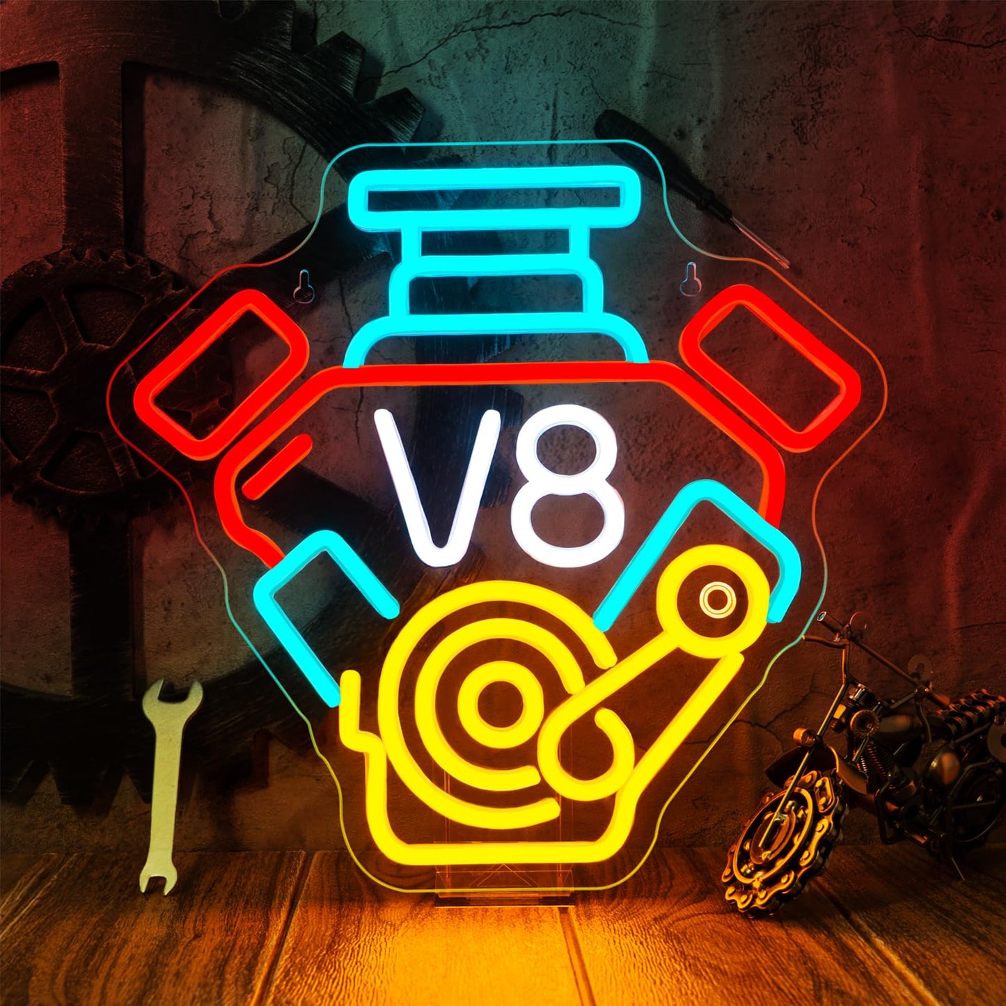 V8 Engine Neon Sign Racing Decor Muscle Car LED Signs with Workshop Wall Art UV Car Neon Signs for Man Cave LED Shop Lights Cool Garage Gifts for Men Garage