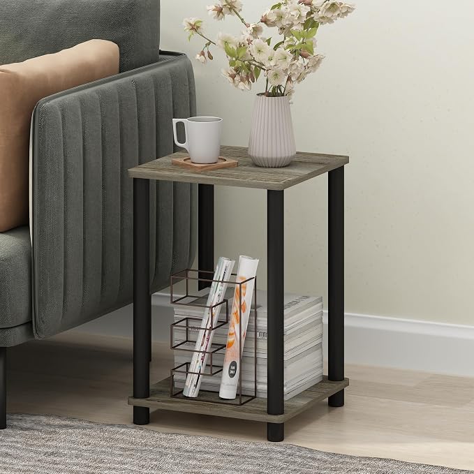 Furinno Turn-N-Tube Toolless Assembly Side Table Set of 2, Stackable 2-Tier Grey End Table with Open Shelf, Night Stand, Bedside Table, for Living Room, Bedroom, Grey Oak