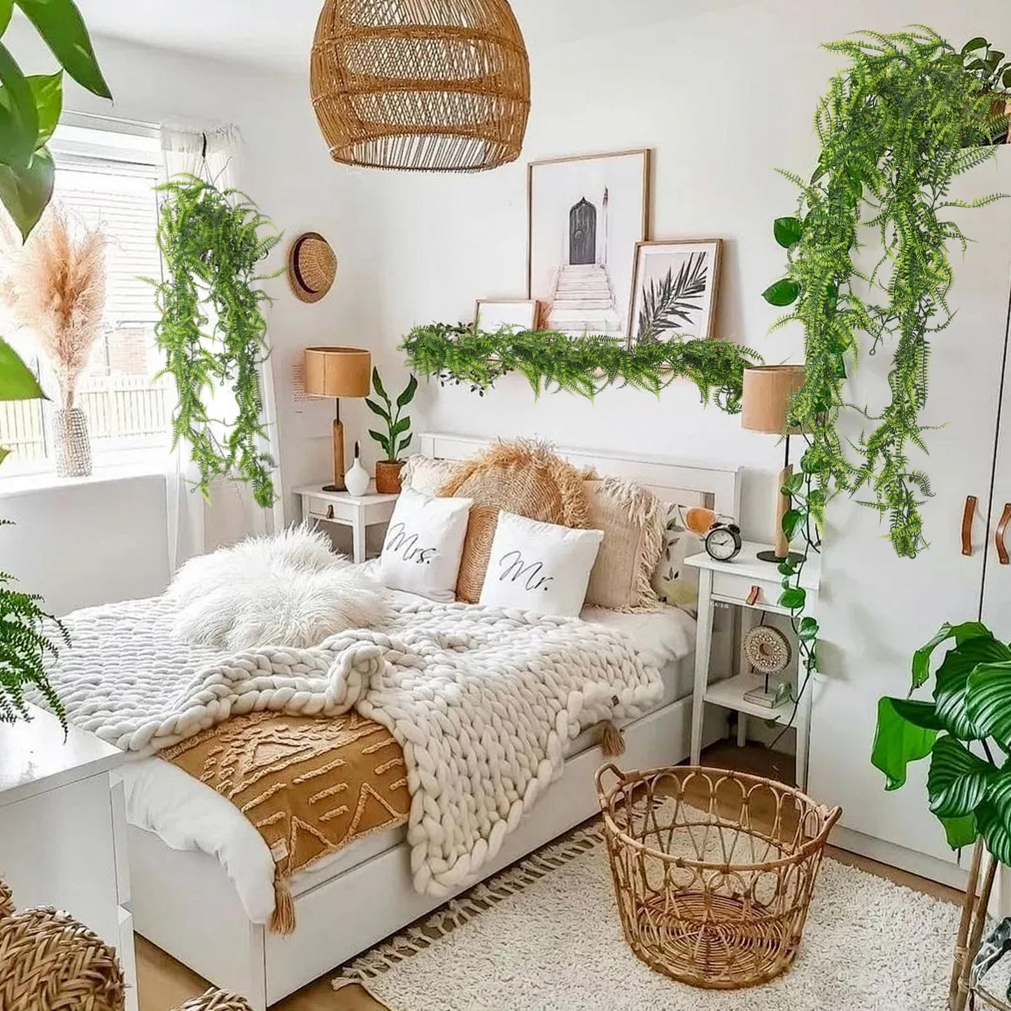 RECUTMS 2pcs Artificial Hanging Boston Ferns Garland Fake Hanging Plant 6 FT Greenery Leaves Ivy Garland Faux Ferns Fake Vines for Spring Outdoor Indoor Home Garden Party Wall Easter Decor
