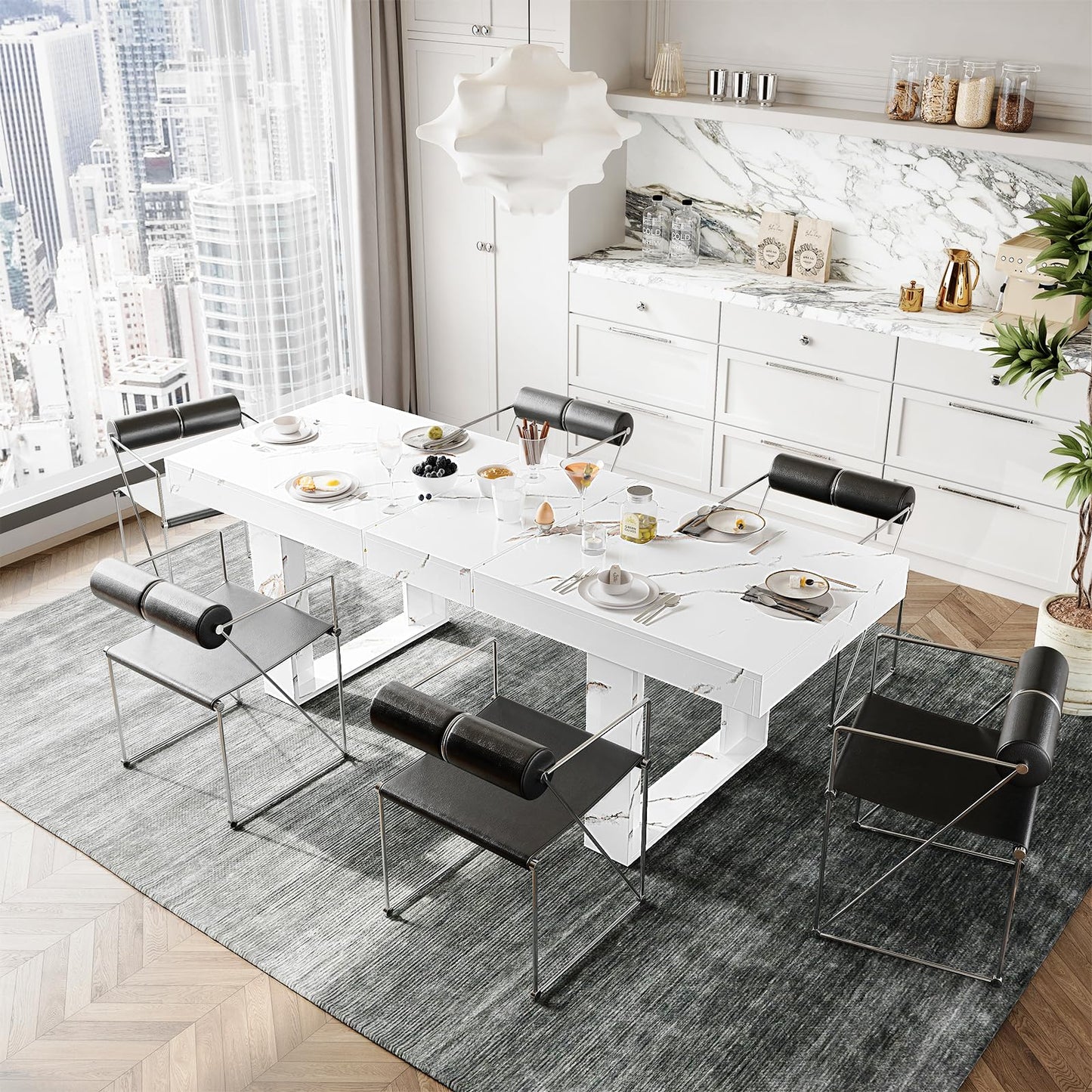 STHOUYN White Marble Extendable Dining Room Table for 8 10, 70.9" (86.6") x 31.5", Rectangle Dinner Table for 6-10, Modern Expandable Retractable Kitchen Table (White)