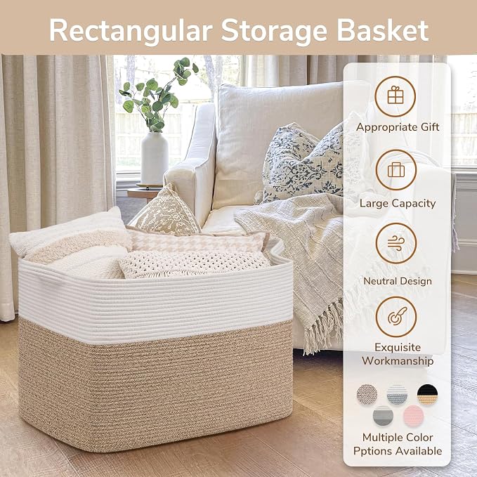 Goodpick Large Woven Blanket Basket 105L, 25"x16"x16" Cotton Rope Organizer for Toys, Dirty Clothes, Extra Large Rectangle Storage Basket for Living Room, Bedroom, White & Brown