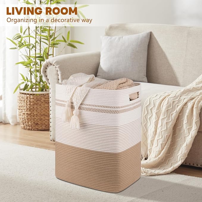 80L Large Cotton Rope Laundry Basket for Bedroom & Laundry Room, Tall Clothes Hamper with Sturdy Handles, Neutral Storage Bin Capable of Holding Blankets and Toys