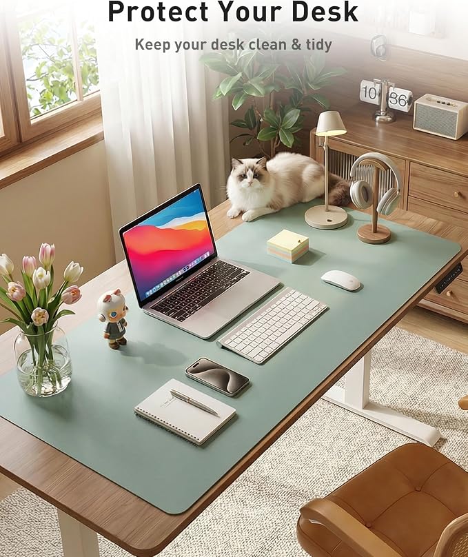 Aothia Faux Leather Desk Mat - Large Mouse Pad, Non-Slip PU Leather Blotter, Waterproof Writing Surface for Office and Home (Light Blue, 40" x 24")