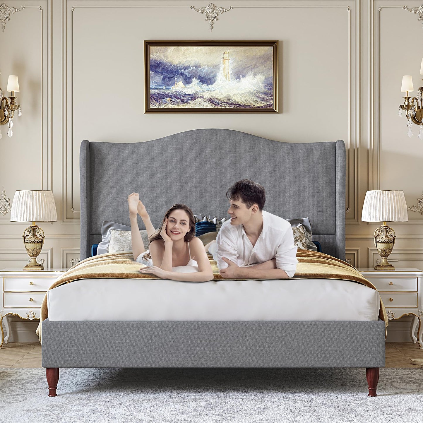 koorlian Queen Bed Frame Upholstered Platform Bed with 51" Tall Headboard Wingback, Soft Fabric, Retro Simple Style No Box Spring Needed, Easy Assembly, Grey