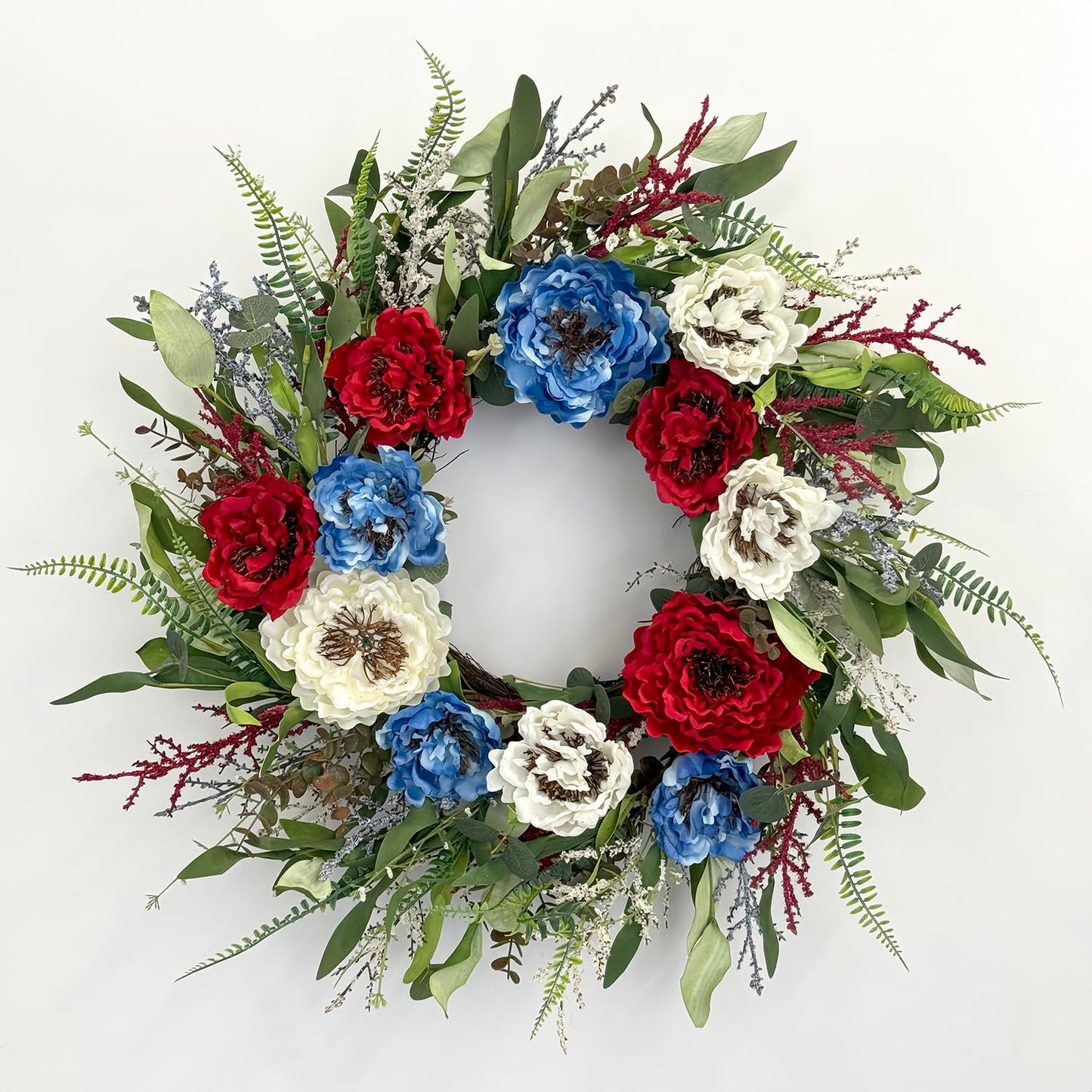 24 Inch Patriotic Wreaths for Front Door, 4th of July Wreaths for Front Door, Peony Eucalyptus Patriotic Summer Flag Wreath Handcrafted Memorial Day Artificial Flowers Wreath for Indoor and Outdoor