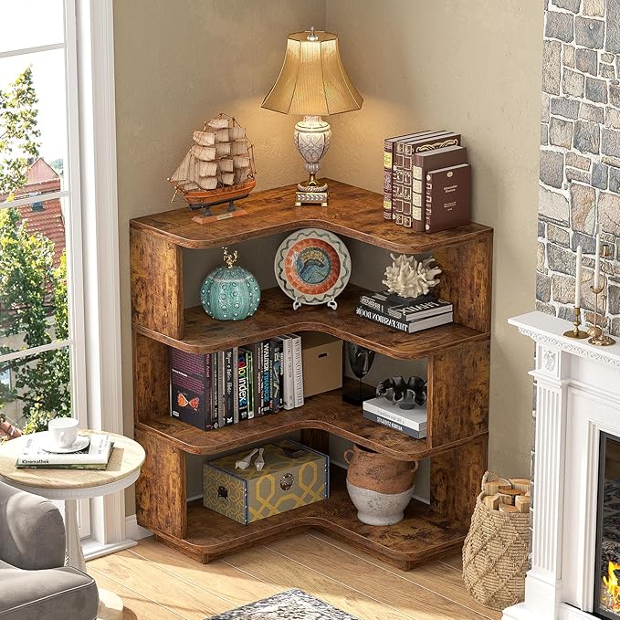Armocity Corner Book Shelf - 4 Tier Corner Bookshelf Etagere Bookcase with Baffle, Freestanding L Shaped Display Shelf Stand for Home Office, Living Room, Bedroom, Kitchen, Rustic Brown