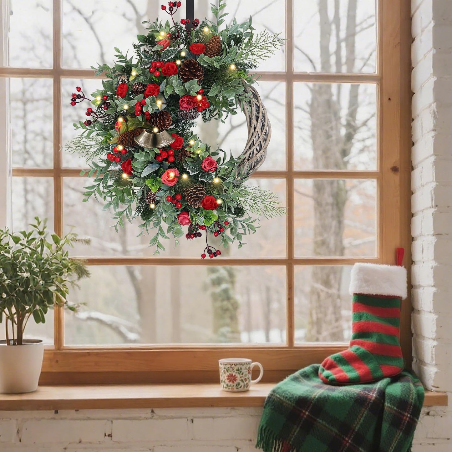 Christmas Wreath for Front Door, Artificial Door Wreaths with LED Lights Bells Berries & Pinecones Christmas Decorations, Xmas Wreaths for Wall Window Fireplace Holiday Home Decor