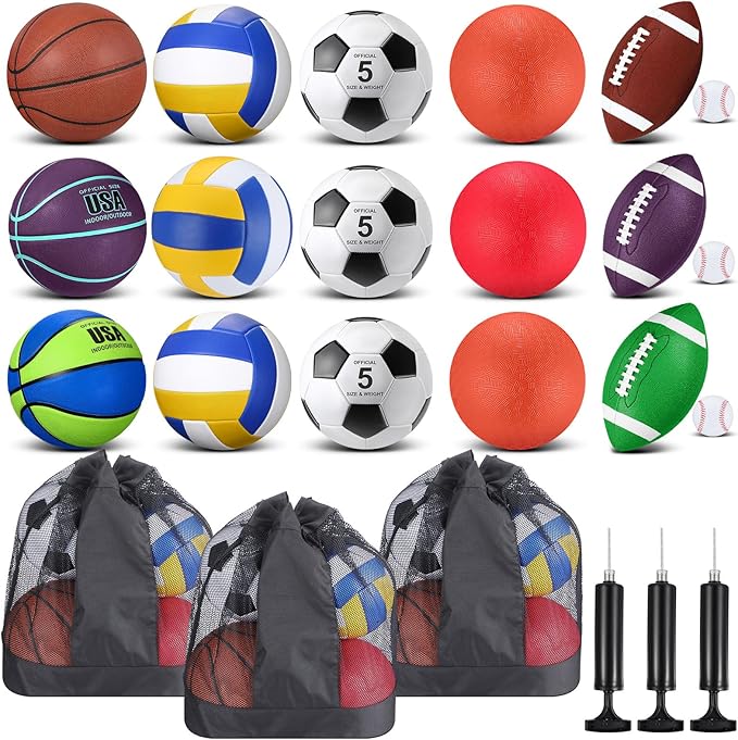 Leyndo 18 Pcs Sport Balls Bulk Set Basketball Football Volleyball Soccer Playground Baseball with Sport Equipment Bag Pump for Outdoor Indoor Practice Gift