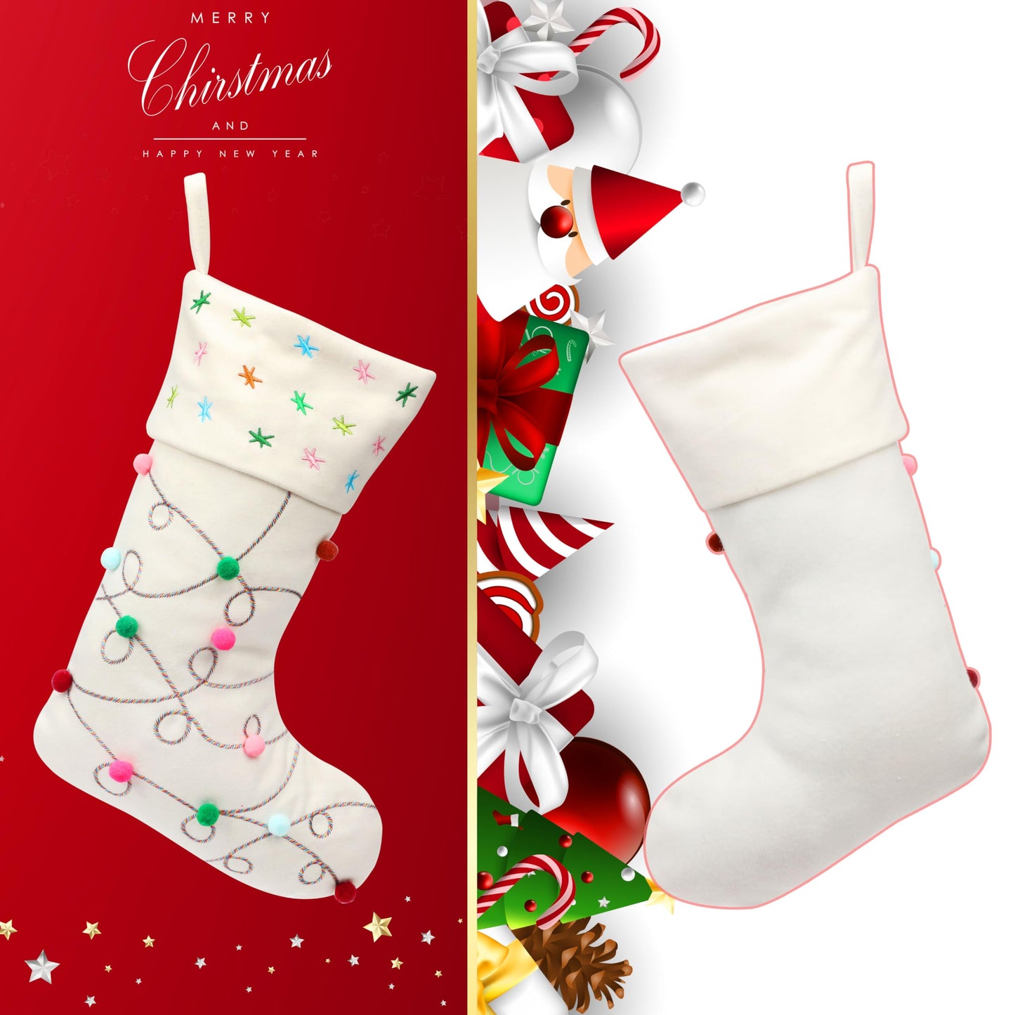 Hopearl Pom Pom Christmas Stocking Boho Style Socks Ultra Soft Stockings Ornament Luxury Gift Bags for Family Xmas Tree Party Supplies, Cream, 18''