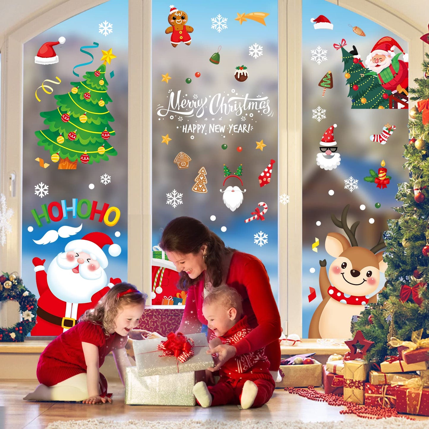 Christmas Window Clings, Christmas Window Decorations Santa Snowman Reindeer Xmas Snowflake Merry Christmas Window Clings, Double-Side Window Stickers for Party Xmas Decorations Home School (9 Sheets)