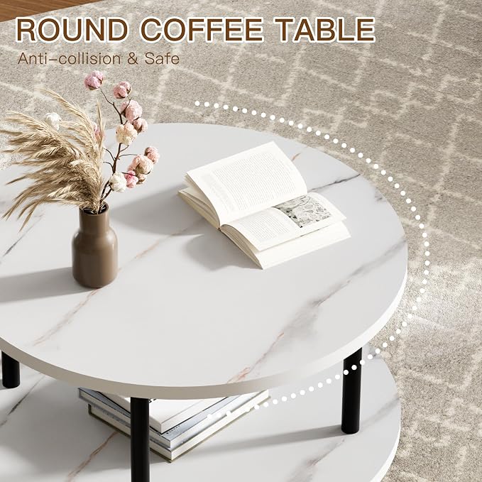 FAMIDGE Round Coffee Table, 23.6" Circle Coffee Table for Living Room, 2-Tier Wood Accent Center Table with Open Storage Industrial Design Home Furniture, White