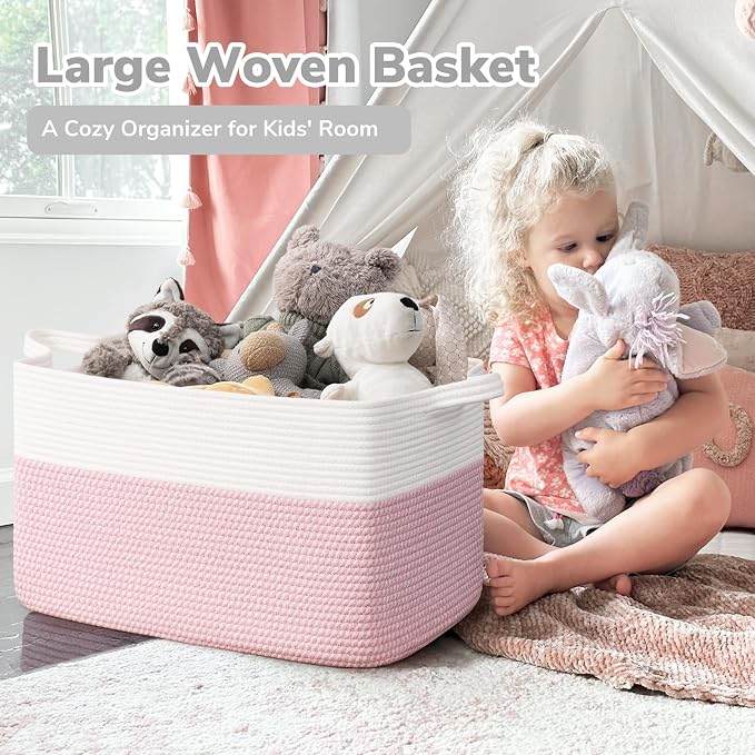 Goodpick Large Woven Blanket Basket 21.6" x 14.9" x 11.8" Storage Baskets for Organizing, Baby Laundry Hamper for Nursery Bedroom, Soft Toy Storage Baskets for Kids Girls, White & Pink
