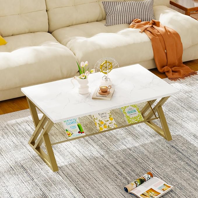 Wolawu Coffee Table Living Room Table with Storage Shelf, White Table Simple Modern Faux Marble Rectangular Tables with Sturdy Gold Metal Frame,Industrial Wooden Coffee Table for Bedroom Home Office