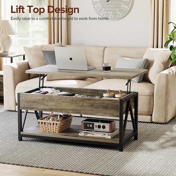 Memobarco Lift Top Coffee Table,Lift Coffee Table with Storage Shelf and Large Hidden Compartment for Living Room,Lifting top Coffee Tables for Small Space,Grey