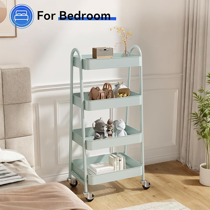 OLIXIS Metal 4 Tiers Utility Rolling Cart, Mobile Storage Shelf with Lockable Caster Wheels, Organization for Livingroom, Bathroom, Kitchen, & Narrow Places, 4-Tier Green