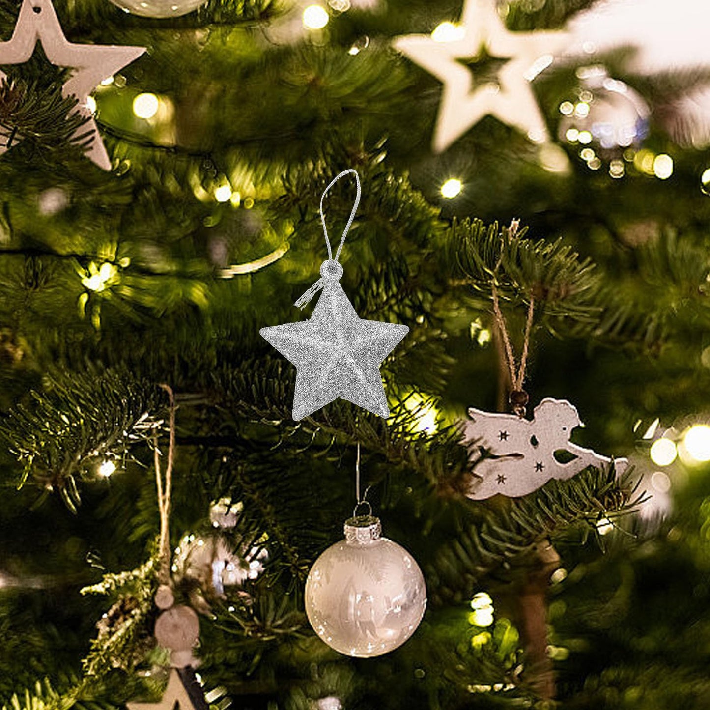 24Pcs Silver Glitter Star Ornaments Christmas Tree Mini Star Hanging Decoration Plastic Glitter Bulk Xmas Tree Pendant Embellishments for Holiday Parties Weddings Home Decoration