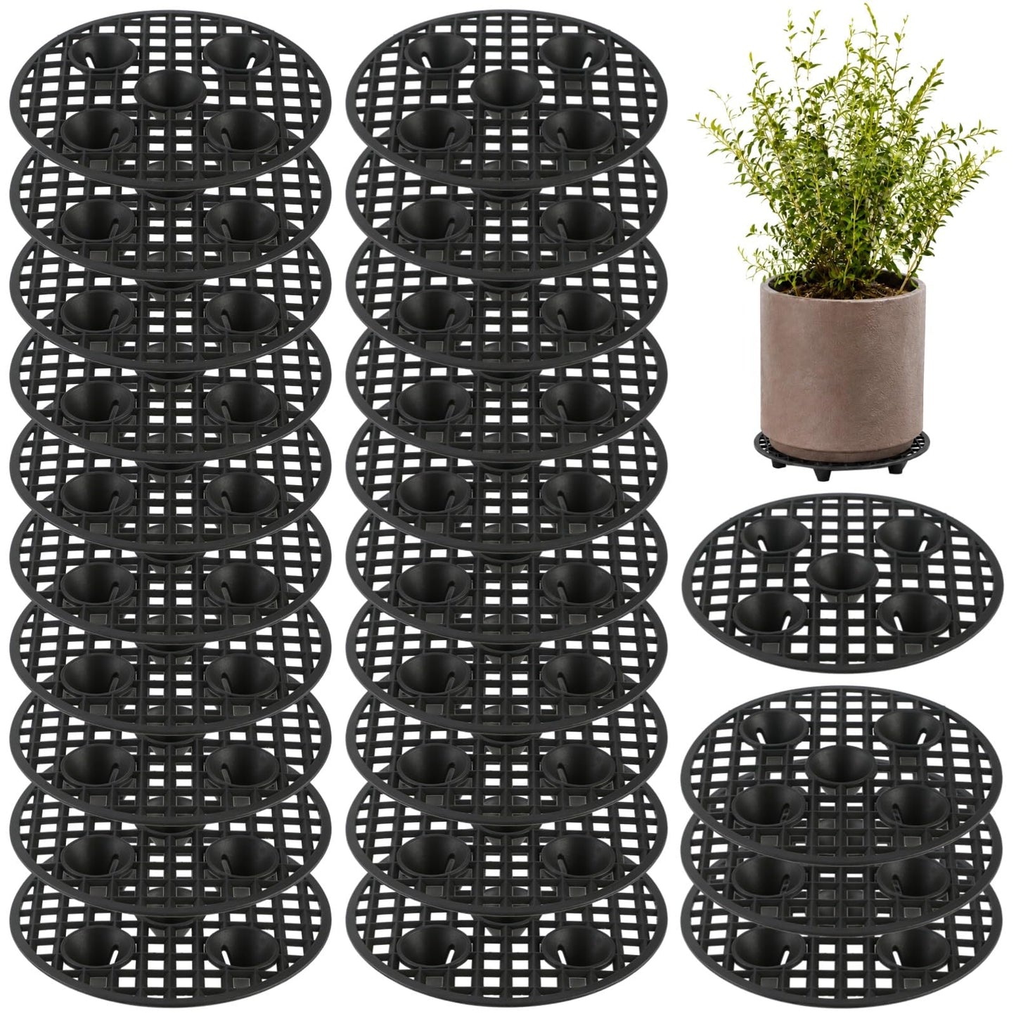 plantoky 24 Pcs Plant Pot Elevator Risers, 7.9 in Round Plastic Heavy Duty Plant Stands, Floor Protection Saucer to Prevent Surface Damage, Black Planter Stand for Indoor Outdoor Garden Patio Potted Plants