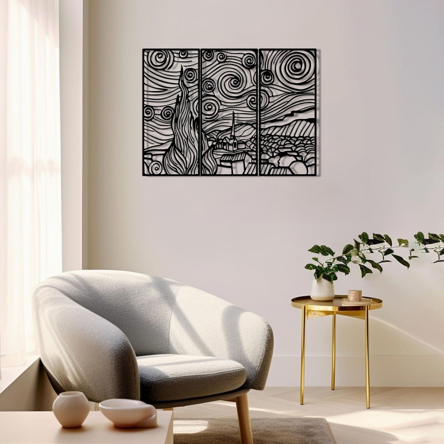 Slickss Starry Night Wall Art Metal,Black Van Gogh Wall Decor-Modern Laser Cut Steel Panel for Living Room, Office, Bedroom-Unique Industrial Home Artwork