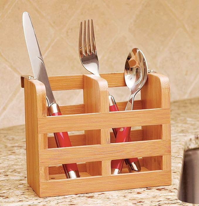 Lipper International 8823 Bamboo Wood 2-Compartment Flatware Holder with Metal Clips, 6-1/4" x 3-1/4" x 5"