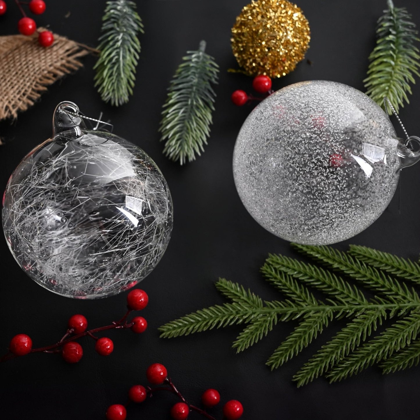 2 Pcs Glass Christmas Ball Ornaments Bulk 4 Inch Christmas Tree Ornaments Large Clear Glass Snowflake Dots Hanging Ball Decorations for Trees Xmas Party Home Decor
