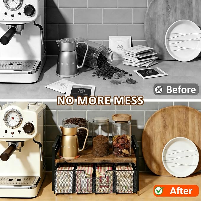 Tea Bag Organizer, Tea Bag Organizers and Storage with Drawer, Tea Bag Holder Natural Wood & Metal with 8 Compartments, Tea Storage Chest Container Box for Countertop Kitchen with 4 Hooks