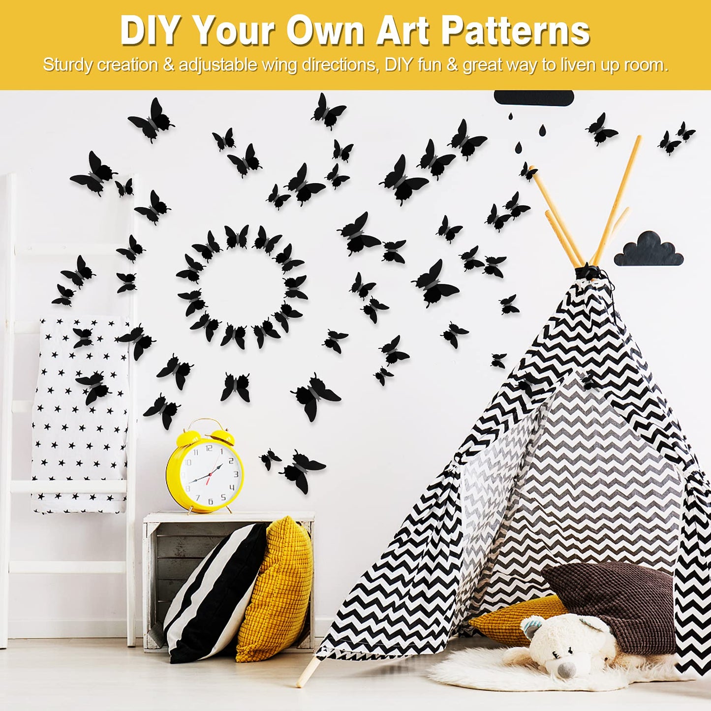Ryangic 3D Butterfly Wall Decor 48pcs Black Polished Stickers 3 Sizes Durable Butterfly Decals DIY Wall Art for Bedroom Living Room Halloween Decoration Party Indoor (Black)