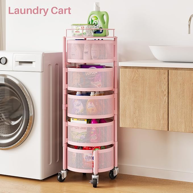 SNTD Fruit and Vegetable Basket Bowls for Kitchen with Metal Top Lid, 5 Tier Rotating Storage Rack Cart for Potato Onion Bread Banana, Wire Basket Organizer on Wheels, Large, Pink